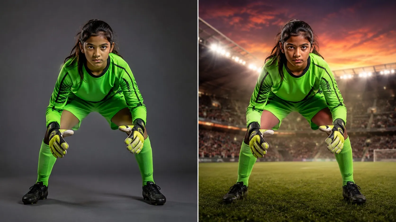 La misma fotografia de una jugadora: a la izquierda sobre fondo de estudio, a la derecha con el fondo de un estadio