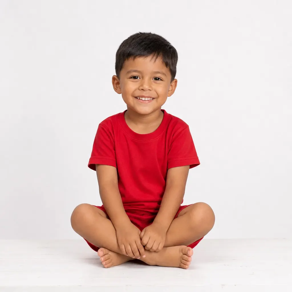 Niño sentado con las piernas cruzadas sobre la mesa blanca del estudio